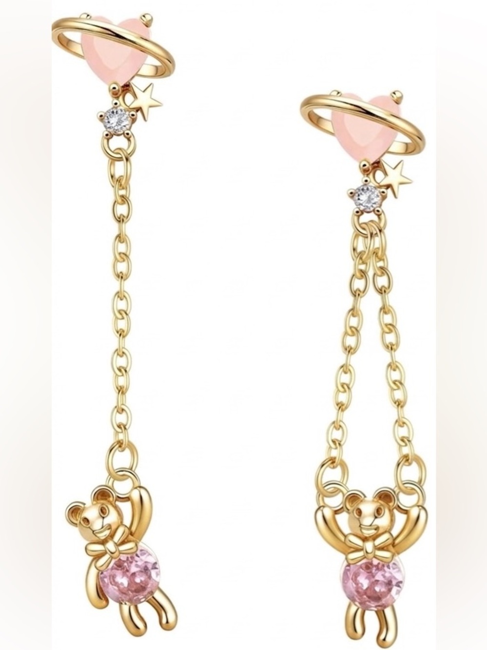 #43 Sterling Silver Gold Plated Gold-Tone Pink Planet & Bear Dangle Earrings